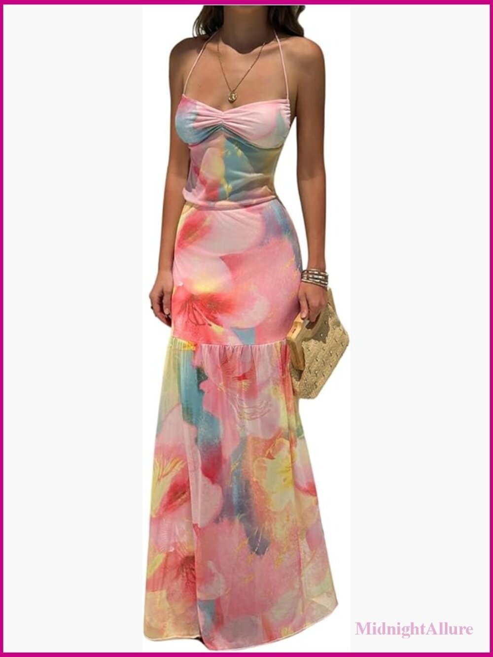 Floral Sleeveless Halter Maxi Dress Tie Backless Ruched Boho Beach Wedding